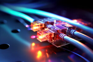 Connecting internet with colorful fiber optic cables. Generative Ai.